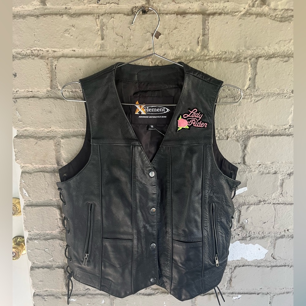 XElement Black Leather Motorcycle Riding Vest with Patches